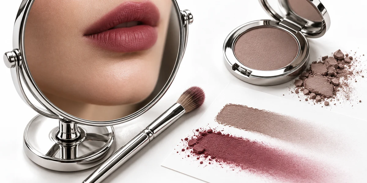 Chrome mirror, softly blurred lip edges and diffused pigment swatches