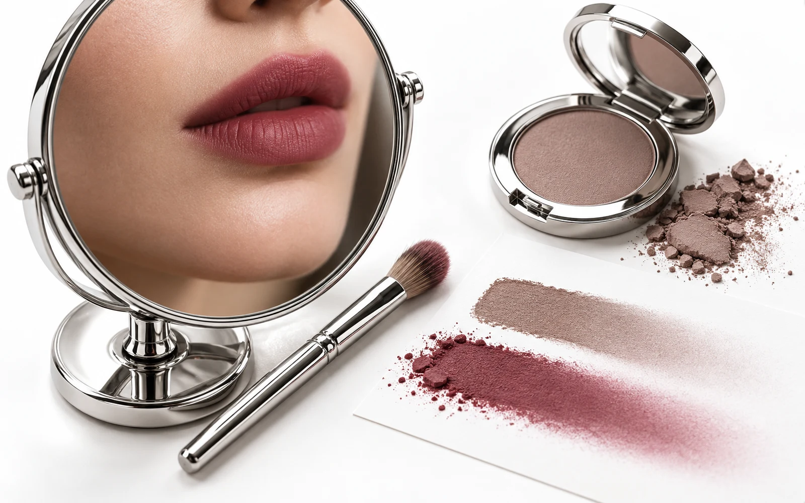 Chrome mirror, softly blurred lip edges and diffused pigment swatches